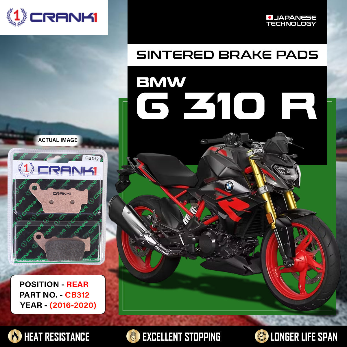 Crank1 Sintered Brake Pads For BMW G 310 R (2016-2020) - Rear - CB312
