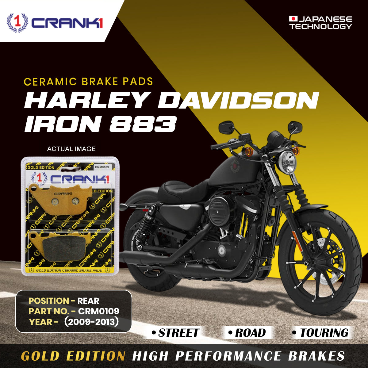 Crank1 Ceramic Brake Pads For Harley Davidson Iron 883 (2009-2013) - Rear - CRM0109