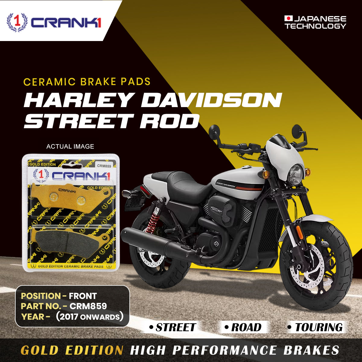 Crank1 Ceramic Brake Pads For Harley Davidson Street Rod (2017 Onwards) - Front - CRM859 - 2 Sets