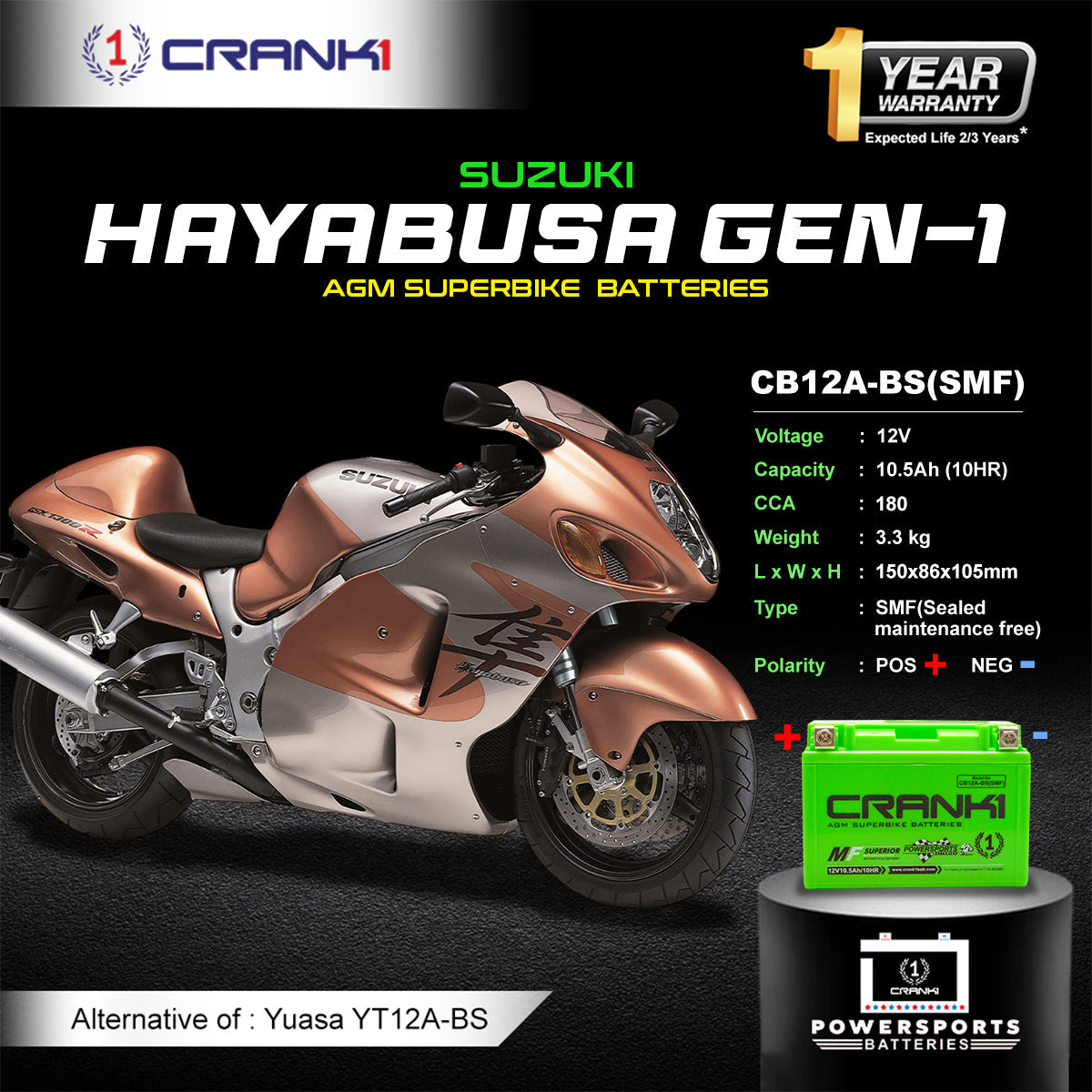 Crank1 Battery For Suzuki Hayabusa GEN-1 (1999-2007) - CB12A-BS - Factory Activated