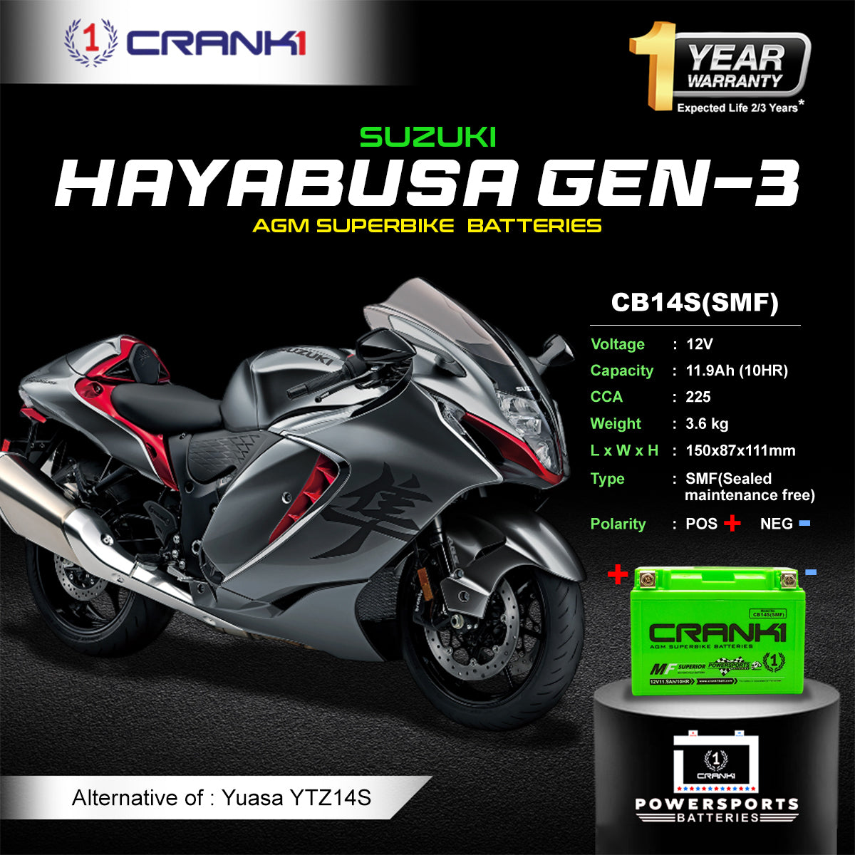 Crank1 Battery For Suzuki Hayabusa GEN-3 (2021-Present) - CB14S - Factory Activated