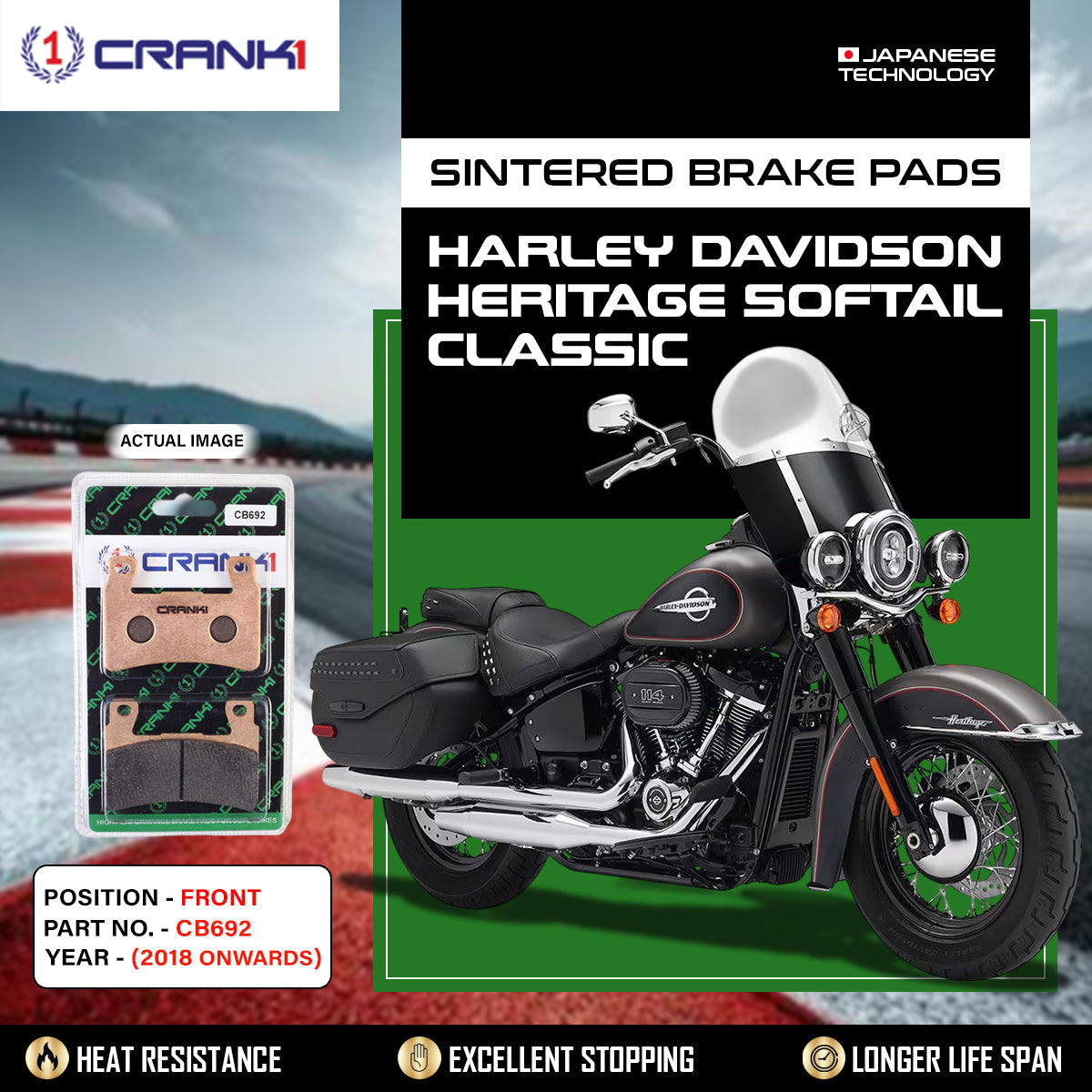Crank1 Sintered Brake Pads For Harley Davidson Heritage Softail Classic (2018 Onwards) - Front - CB692