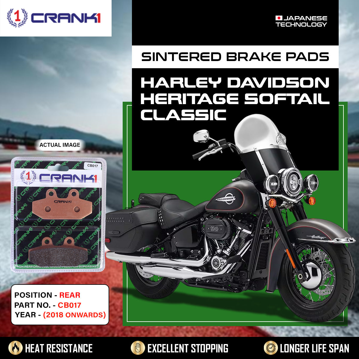 Crank1 Sintered Brake Pads For Harley Davidson Heritage Softail Classic (2018 Onwards) - Rear - CB017