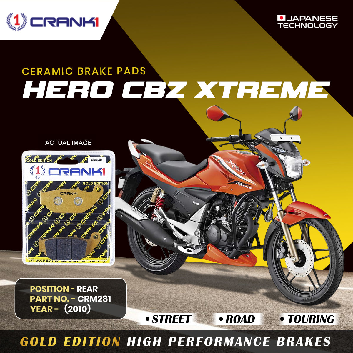 Crank1 Ceramic Brake Pads For Hero CBZ Xtreme (2010) - Rear - CRM281