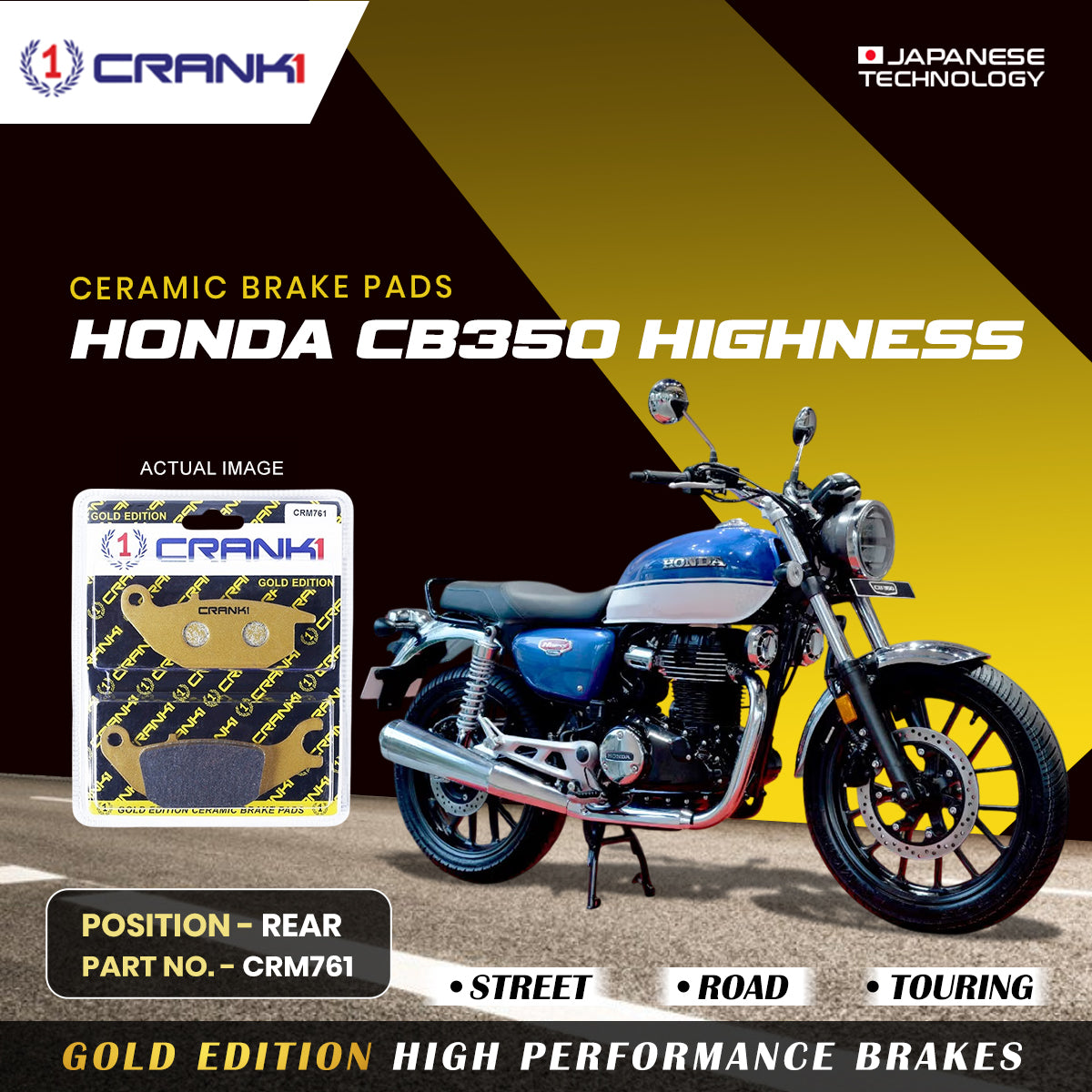 Crank1 Ceramic Brake Pads For Honda CB350 Highness - Rear - CRM761