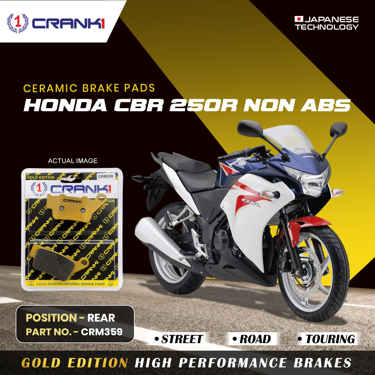 Crank1 Ceramic Brake Pads For Honda CBR 250R NON ABS - Rear - CRM359