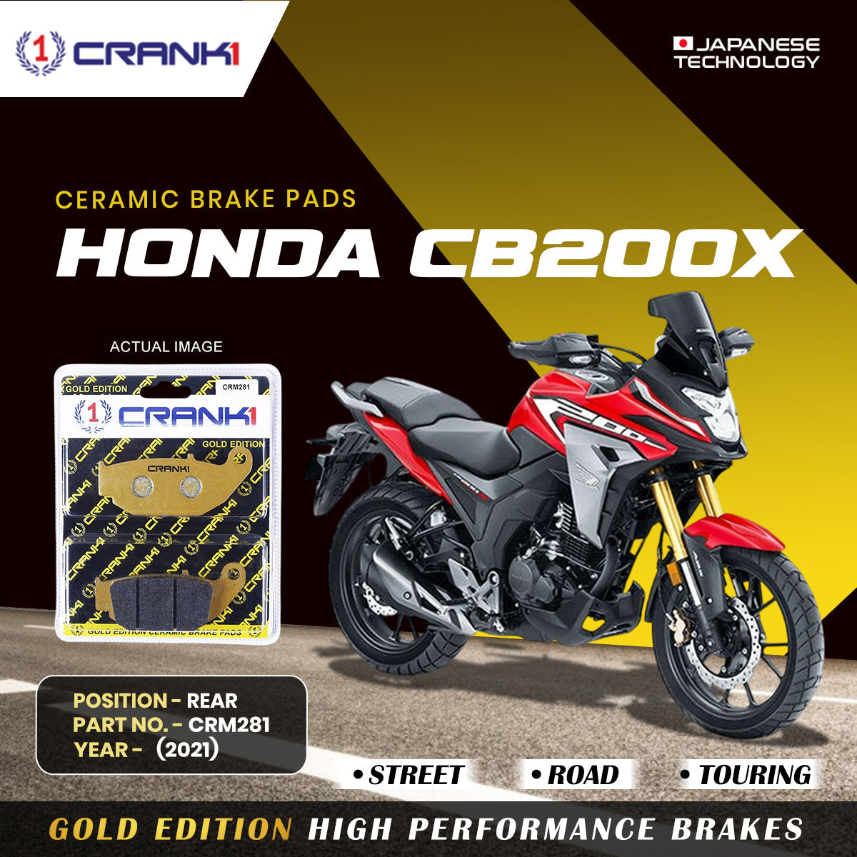 Crank1 Ceramic Brake Pads For Honda CB200X (2021) - Rear - CRM281