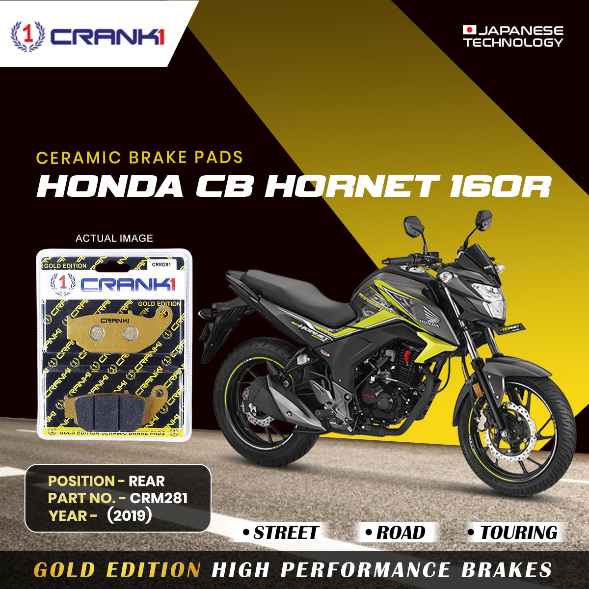 Crank1 Ceramic Brake Pads For Honda CB Hornet 160R (2019) - Rear - CRM281