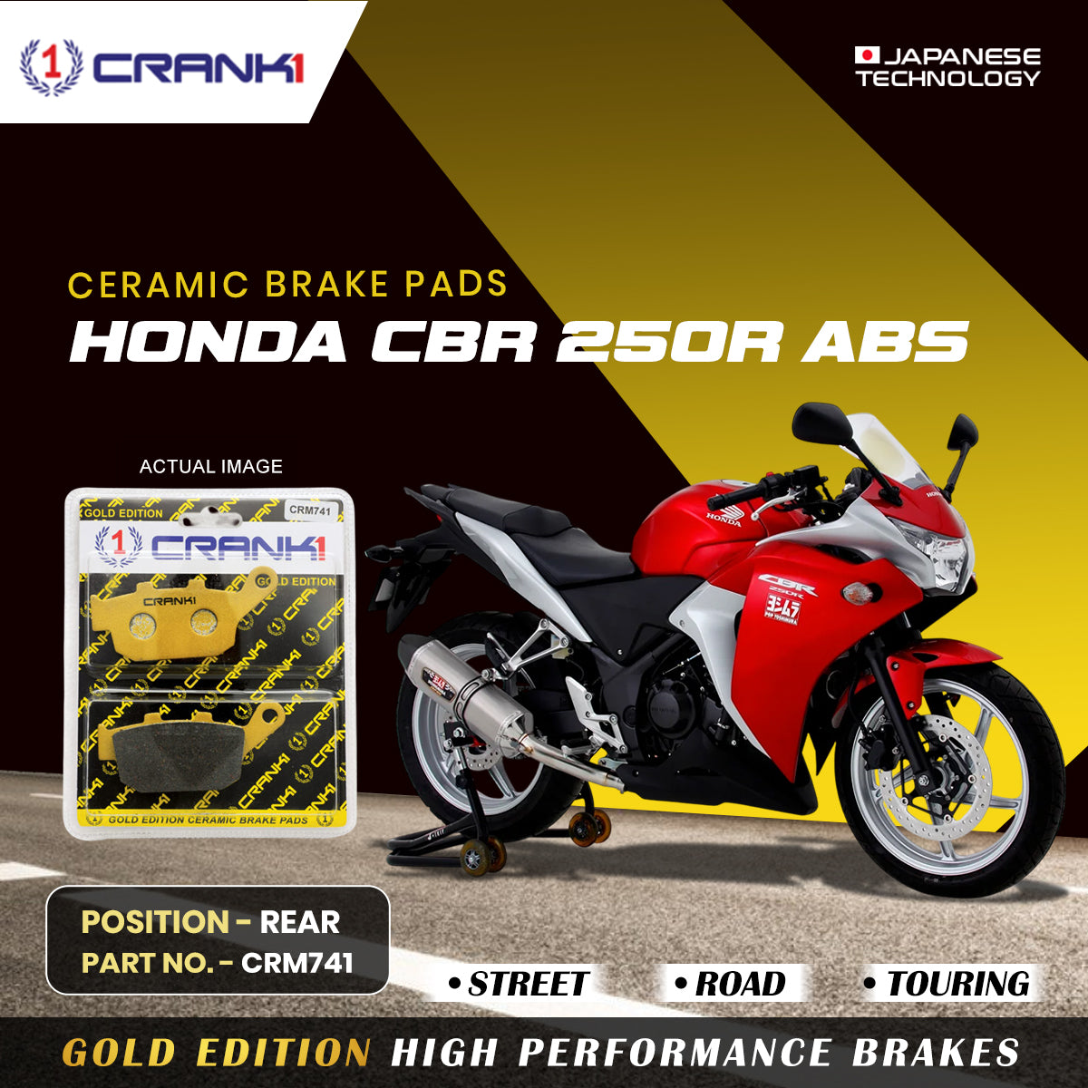 Crank1 Ceramic Brake Pads For Honda CBR 250R ABS - Rear - CRM741