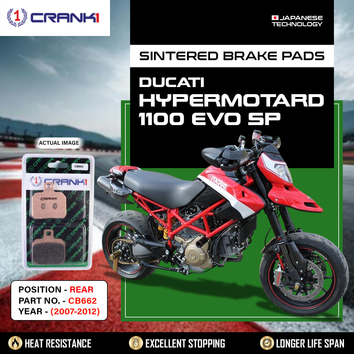 Crank1 Sintered Brake Pads For Ducati Hypermotard 1100 EVO / SP (2007-2012) - Rear - CB662