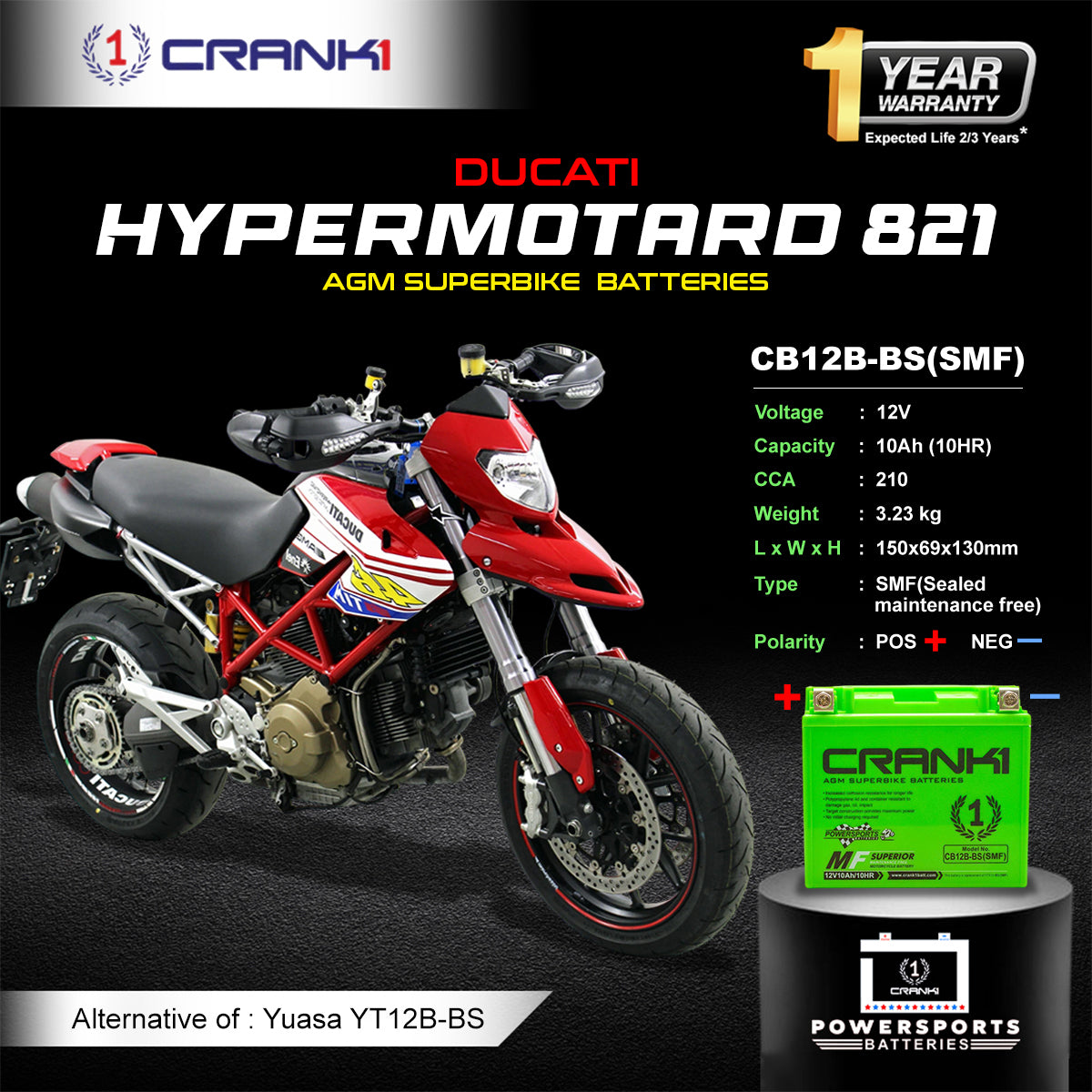 Crank1 Battery For Ducati Hypermotard 821 (2007-2025) - CB12B-BS - Factory Activated