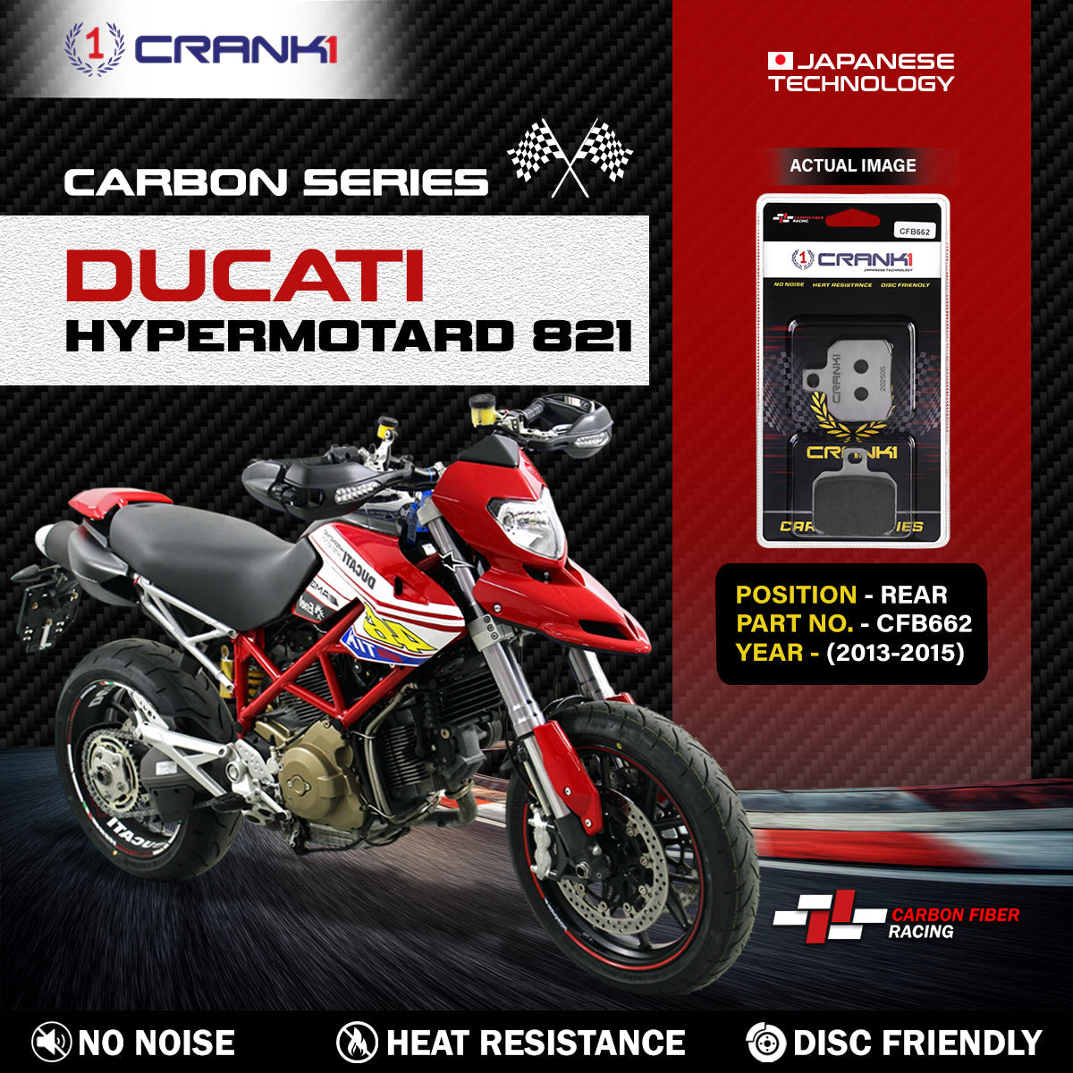 Crank1 Carbon Brake Pads For Ducati Hypermotard 821 (2013-2015) - Rear - CFB662