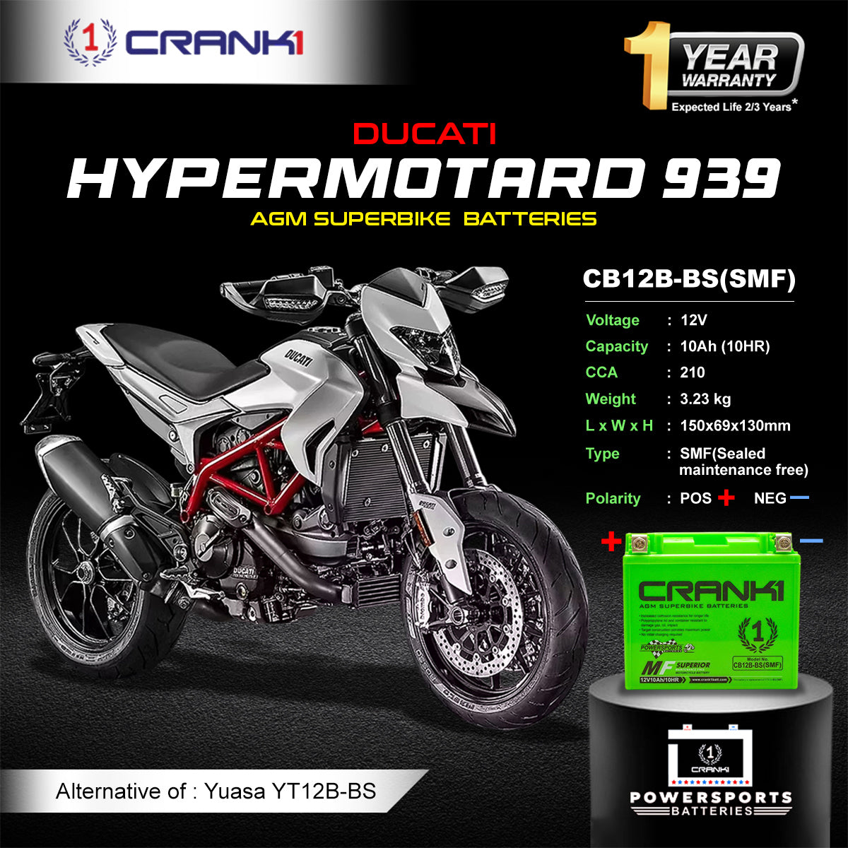 Crank1 Battery For Ducati Hypermotard 939 (2007-2025) - CB12B-BS - Factory Activated