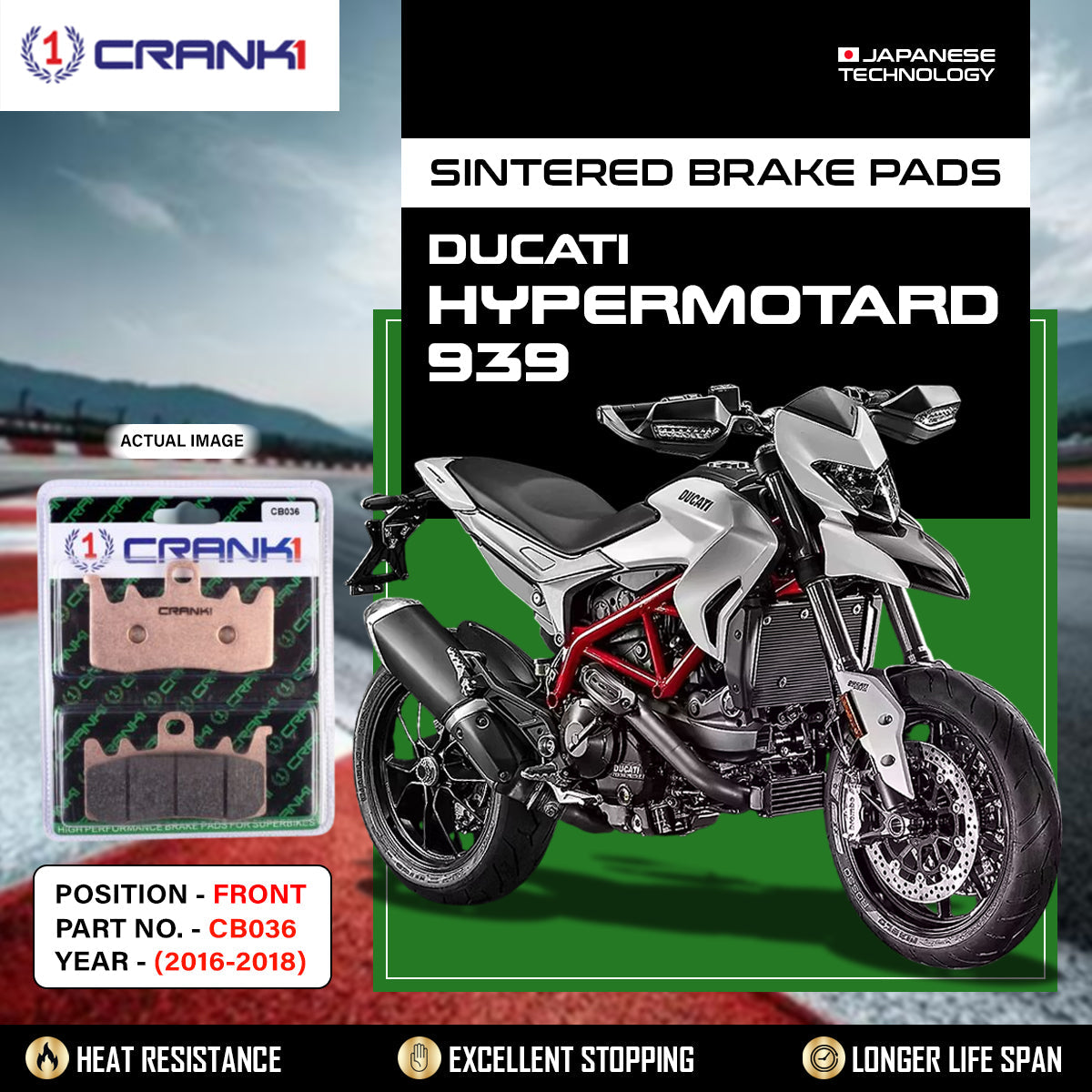 Crank1 Sintered Brake Pads For Ducati Hypermotard 939 (2016-2018) - Front - CB036 - 2 Sets
