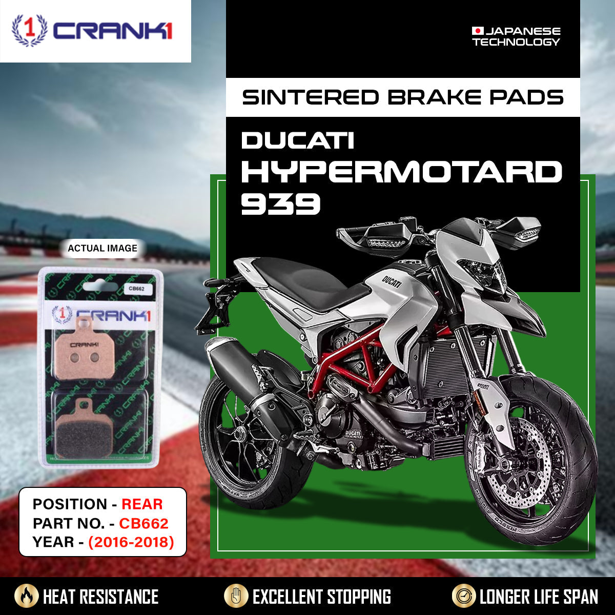Crank1 Sintered Brake Pads For Ducati Hypermotard 939 (2016-2018) - Rear - CB662