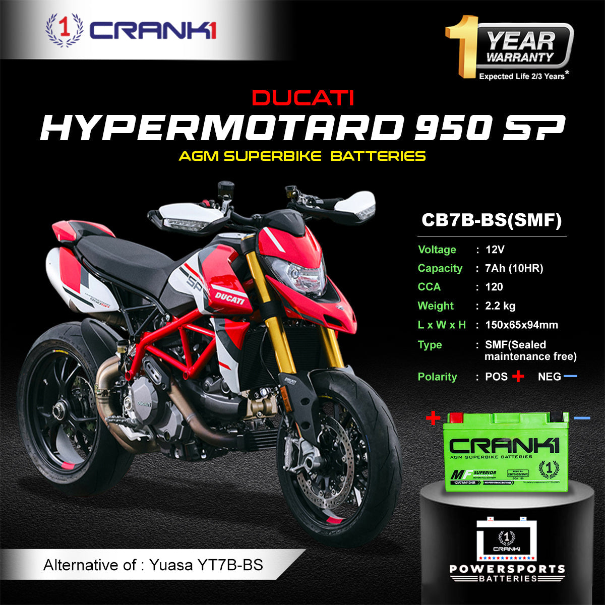 Crank1 Battery For Ducati Hypermotard 950 SP (2022-2025) - CB7B-BS - Factory Activated