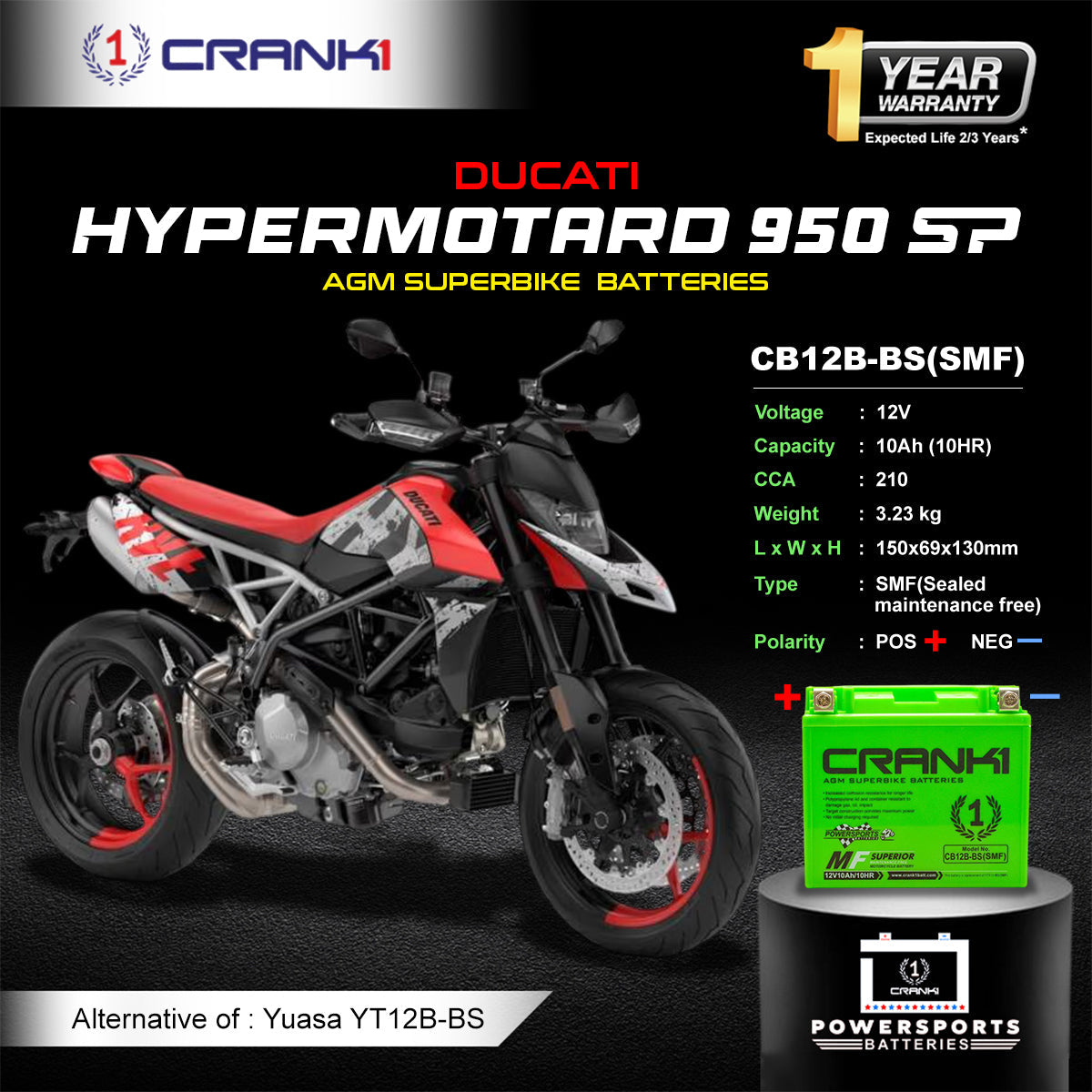 Crank1 Battery For Ducati Hypermotard 950 SP (2016-2025) - CB12B-BS - Factory Activated