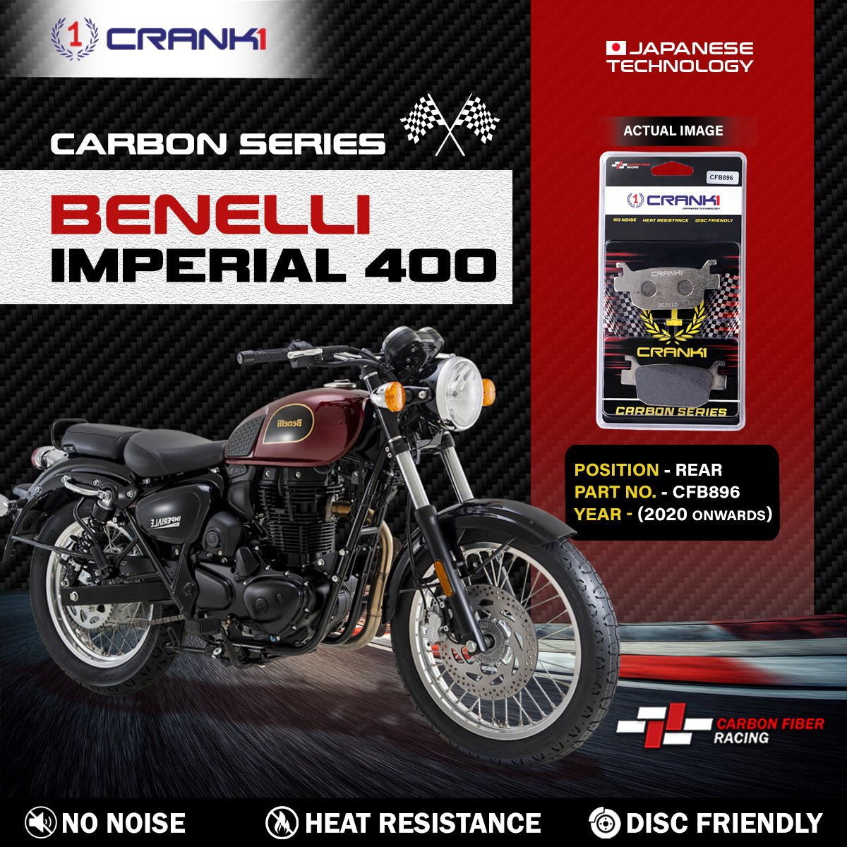 Crank1 Carbon Brake Pads For Benelli Imperial 400 (2020 Onwards) - Rear - CFB896