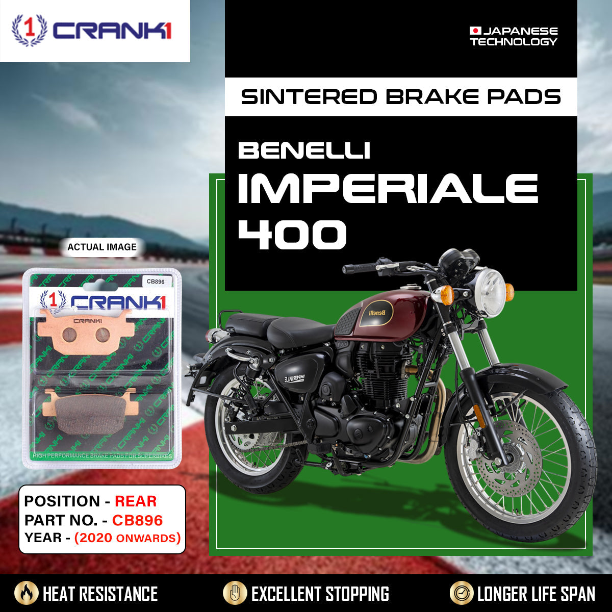 Crank1 Sintered Brake Pads For Benelli Imperiale 400 (2020 Onwards) - Rear - CB896