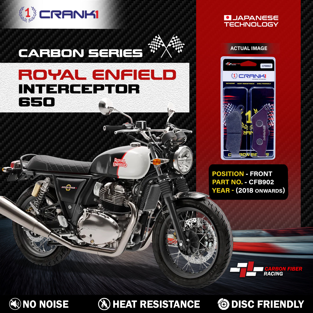 Crank1 Carbon Brake Pads For Royal Enfield Interceptor 650 (2018 Onwards) - Front - CFB902