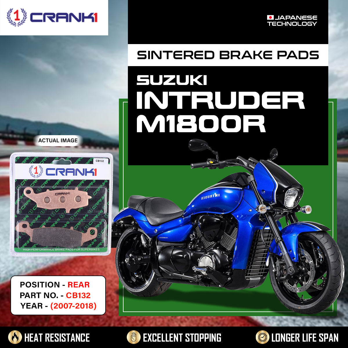 Crank1 Sintered Brake Pads For Suzuki Intruder M1800R (2007-2018) - Rear - CB132