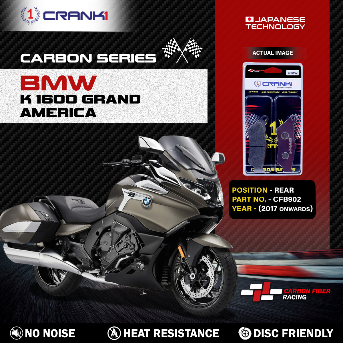 Crank1 Carbon Brake Pads For BMW K 1600 Grand America (2017 Onwards) - Rear - CFB902