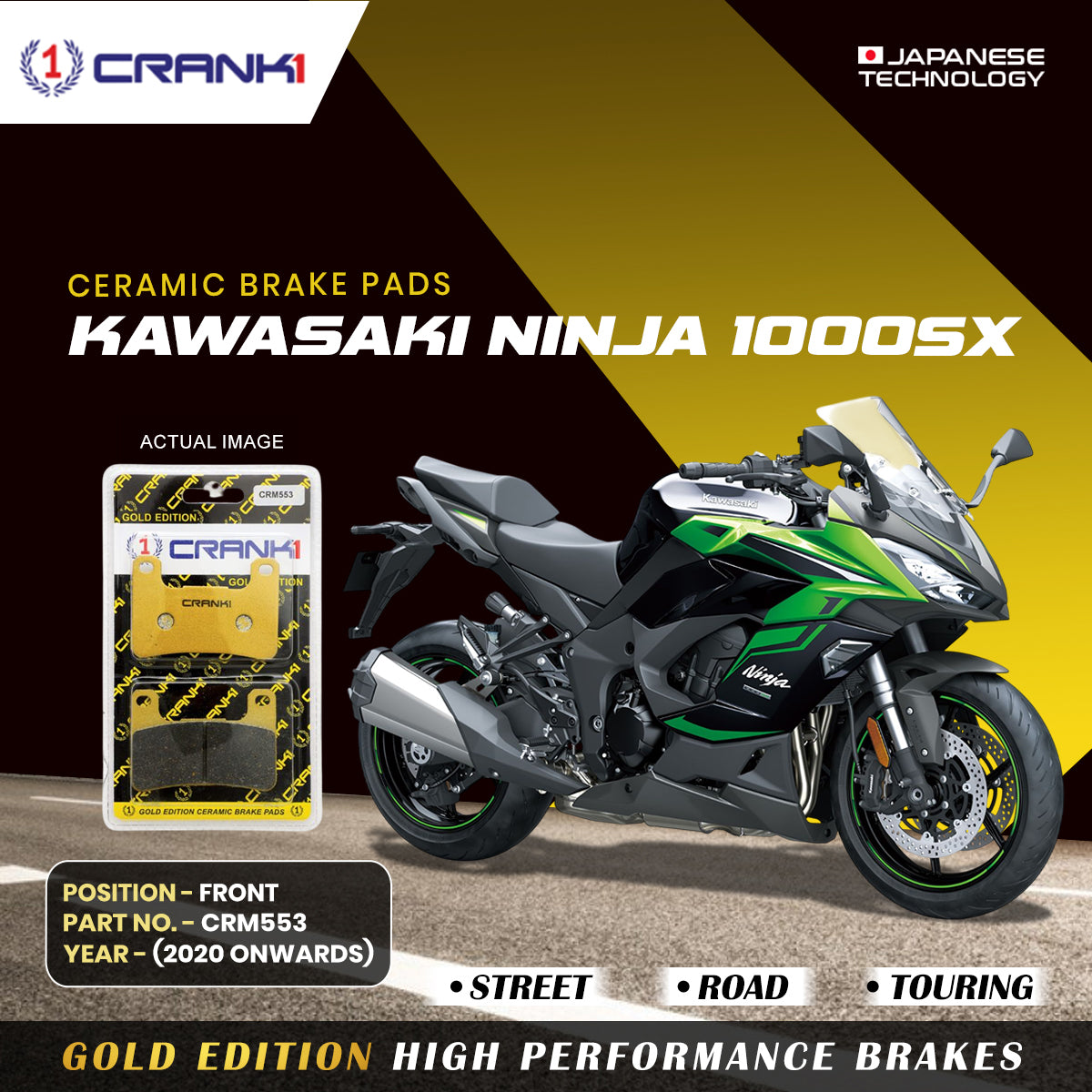 Crank1 Ceramic Brake Pads For Kawasaki Ninja 1000SX (2020 Onwards) - Front - CRM553 - 2 Sets