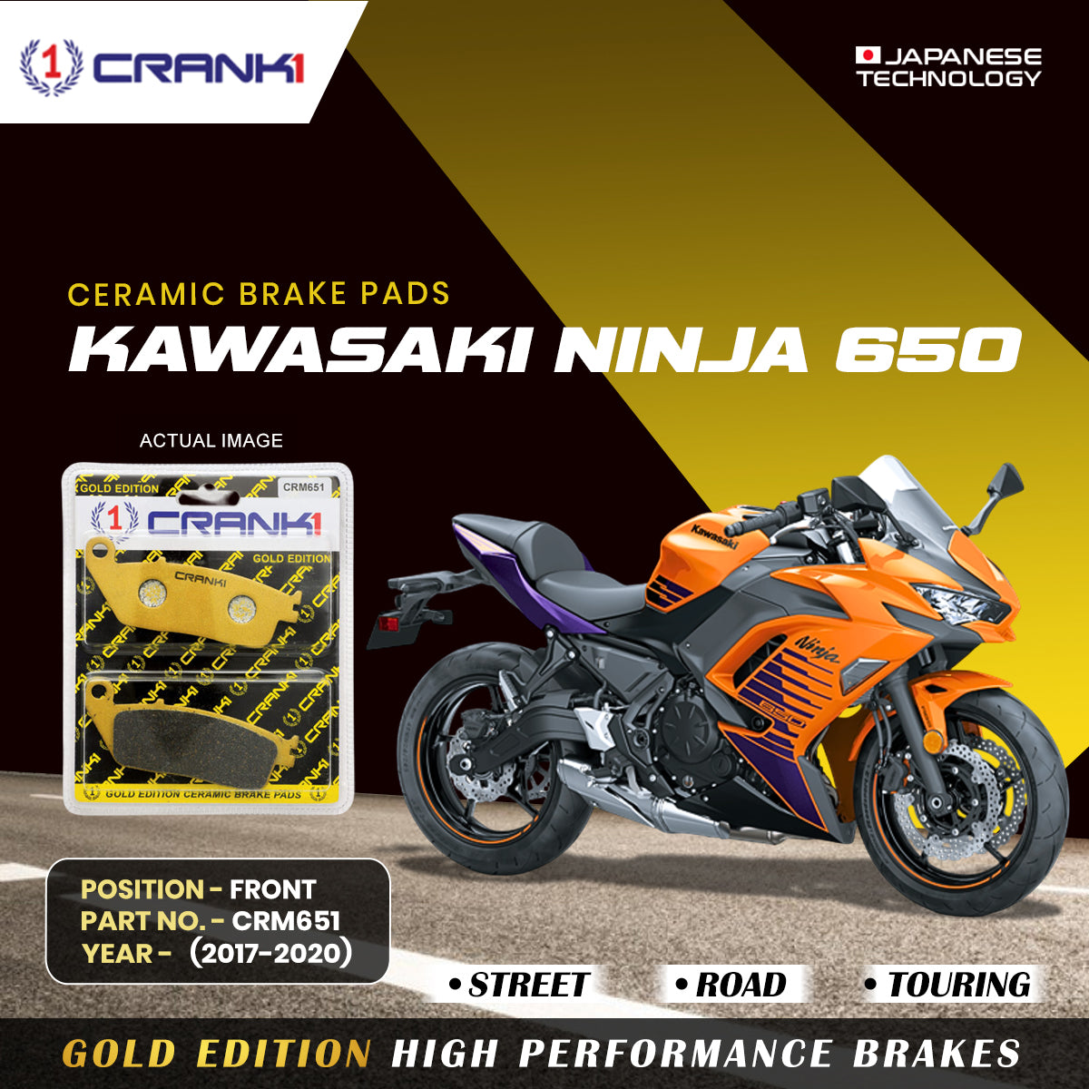 Crank1 Ceramic Brake Pads For Kawasaki Ninja 650 (2017 Onwards) - Front - CRM651 - 2 Sets