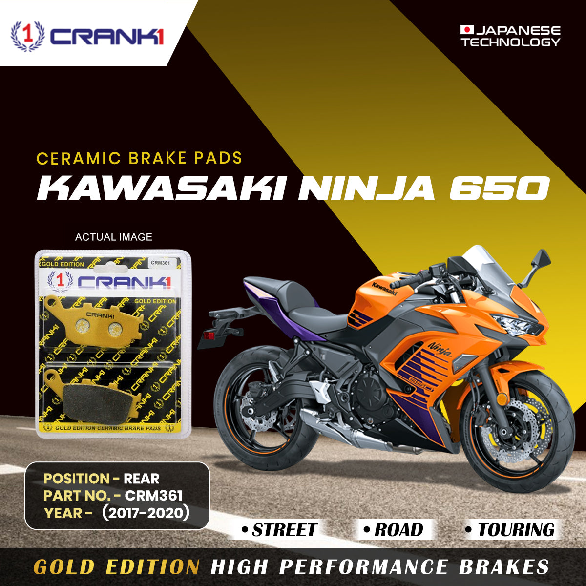 Crank1 Ceramic Brake Pads For Kawasaki Ninja 650 (2017 Onwards) - Rear - CRM361
