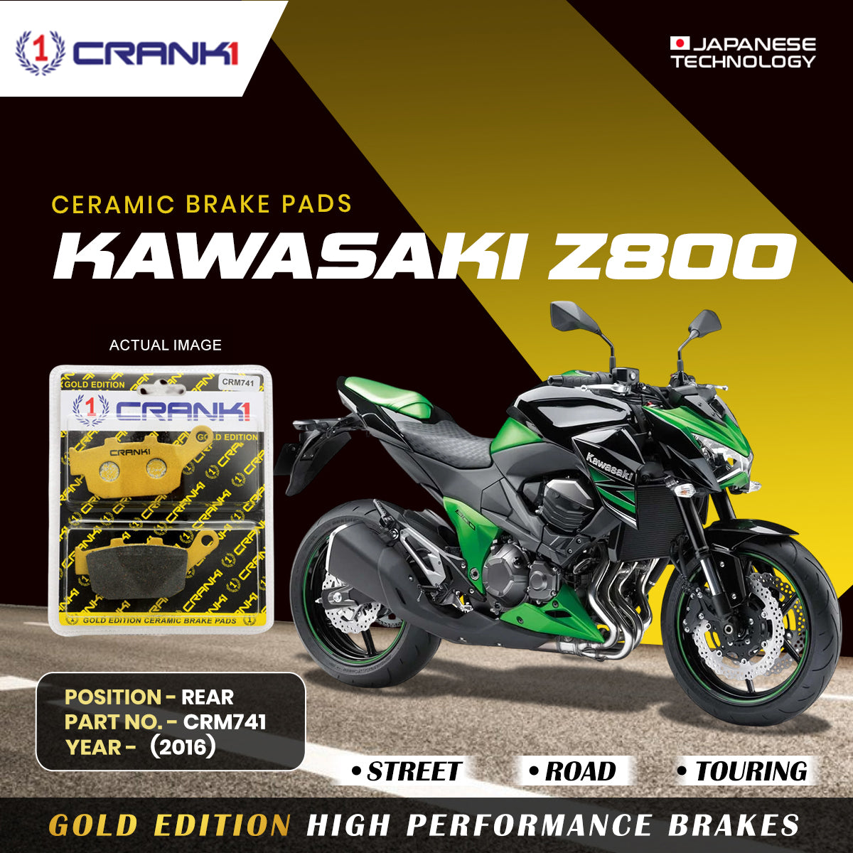 Crank1 Ceramic Brake Pads For Kawasaki Z800 (2016) - Rear - CRM741