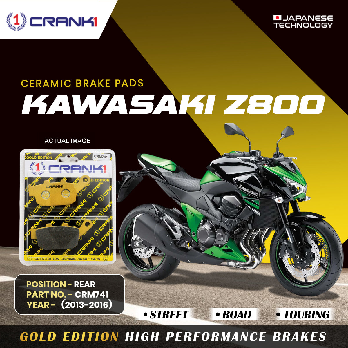 Crank1 Ceramic Brake Pads For Kawasaki Z800 (2013-2016) - Rear - CRM741 - 1 Set