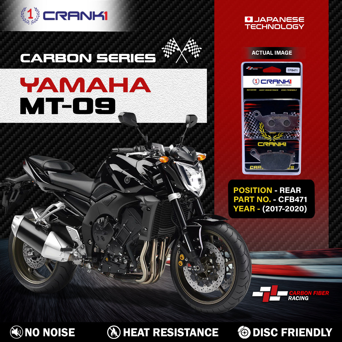 Crank1 Carbon Brake Pads For Yamaha MT-09 (2017-2020) - Rear - CFB471