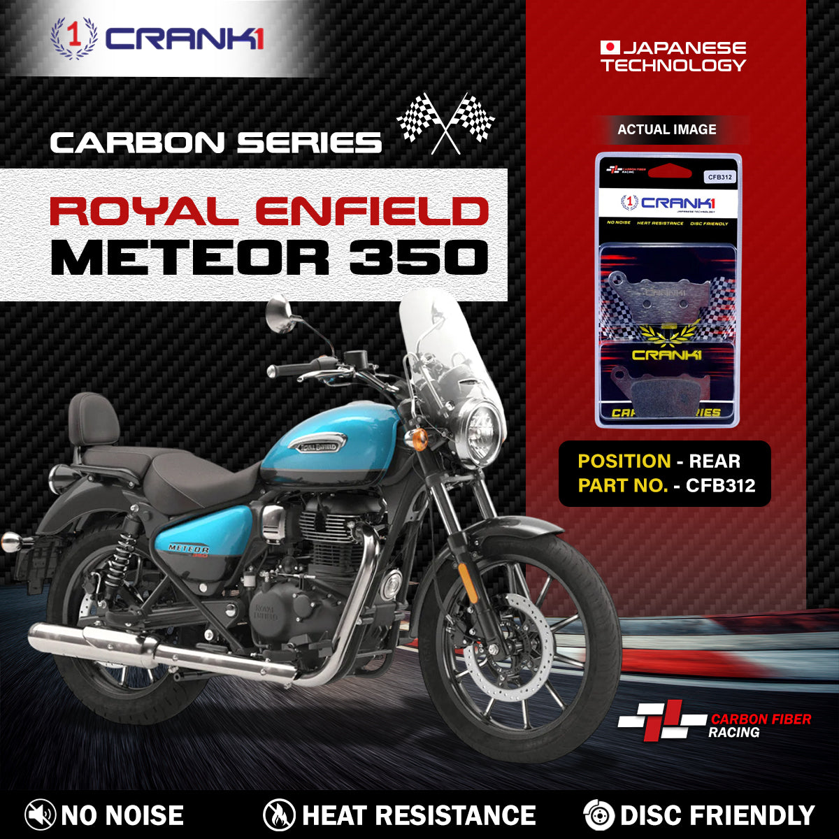 Crank1 Carbon Brake Pads For Royal Enfield Meteor 350 - Rear - CFB312