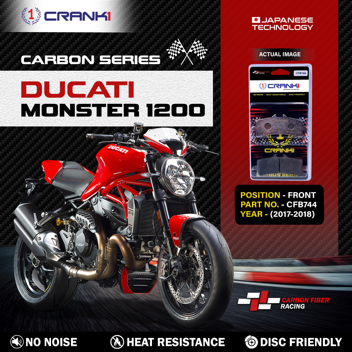 Crank1 Carbon Brake Pads For Ducati Monster 1200 (2017-2018) - Front - CFB744 - 2 Sets