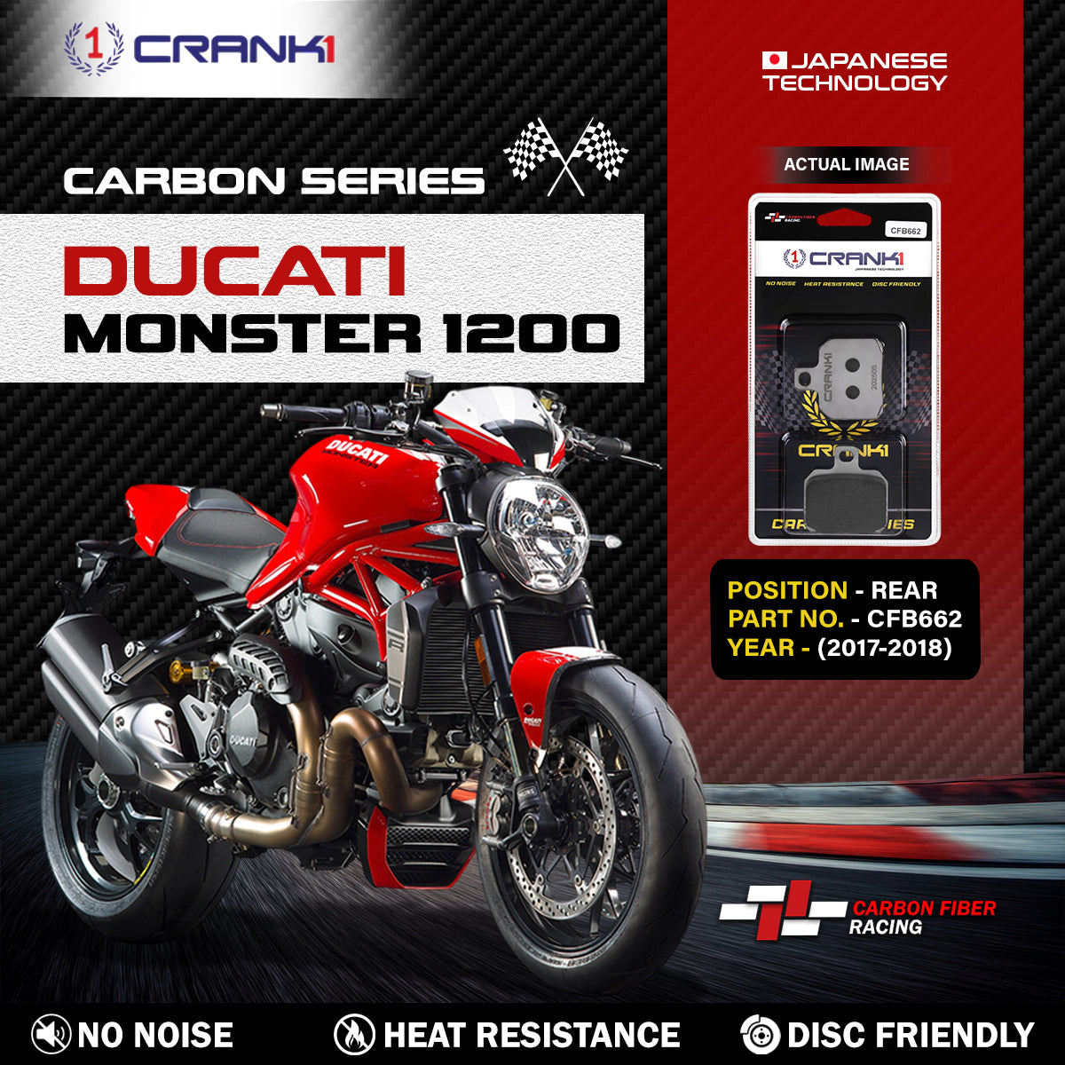 Crank1 Carbon Brake Pads For Ducati Monster 1200 (2017-2018) - Rear - CFB662