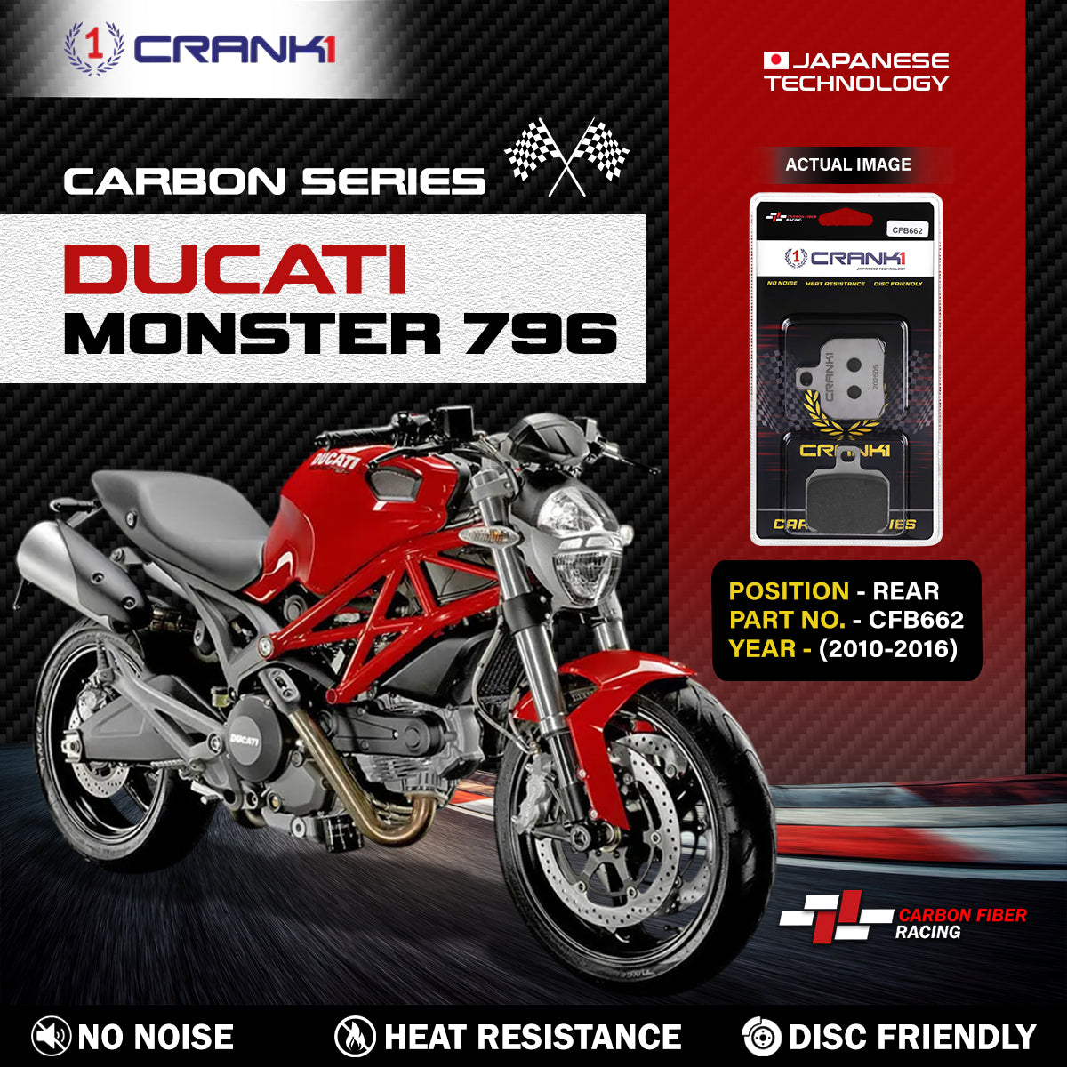 Crank1 Carbon Brake Pads For Ducati Monster 796 (2010-2016) - Rear - CFB662