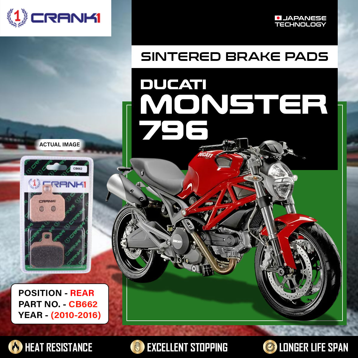 Crank1 Sintered Brake Pads For Ducati Monster 796	(2010-2016) - Rear - CB662