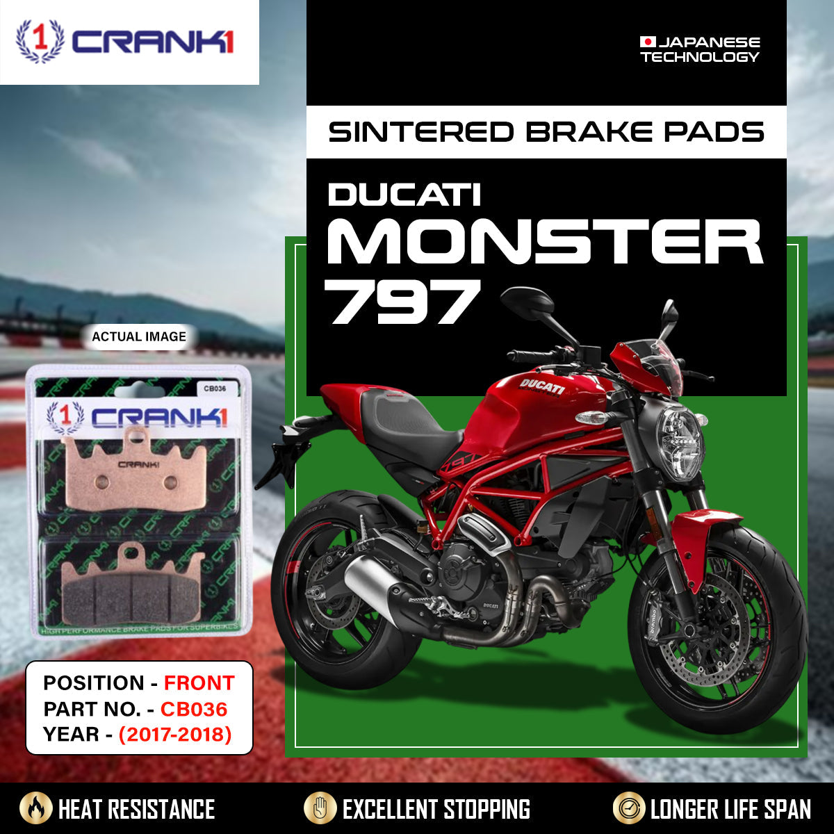 Crank1 Sintered Brake Pads For Ducati Monster 797 (2017-2018) - Front - CB036 - 2 Sets
