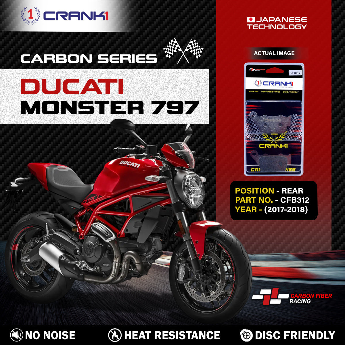 Crank1 Carbon Brake Pads For Ducati Monster 797 (2017-2018) - Rear - CFB312