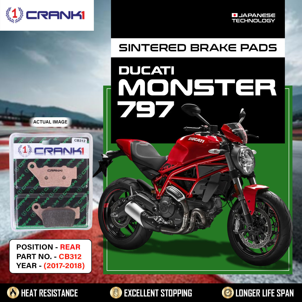 Crank1 Sintered Brake Pads For Ducati Monster 797 (2017-2018) - Rear - CB312