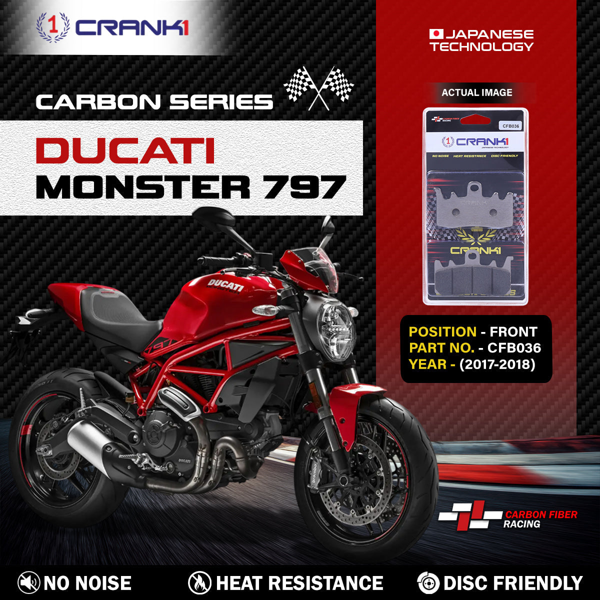 Crank1 Carbon Brake Pads For Ducati Monster 797 (2017-2018) - Front - CFB036 - 2 Sets