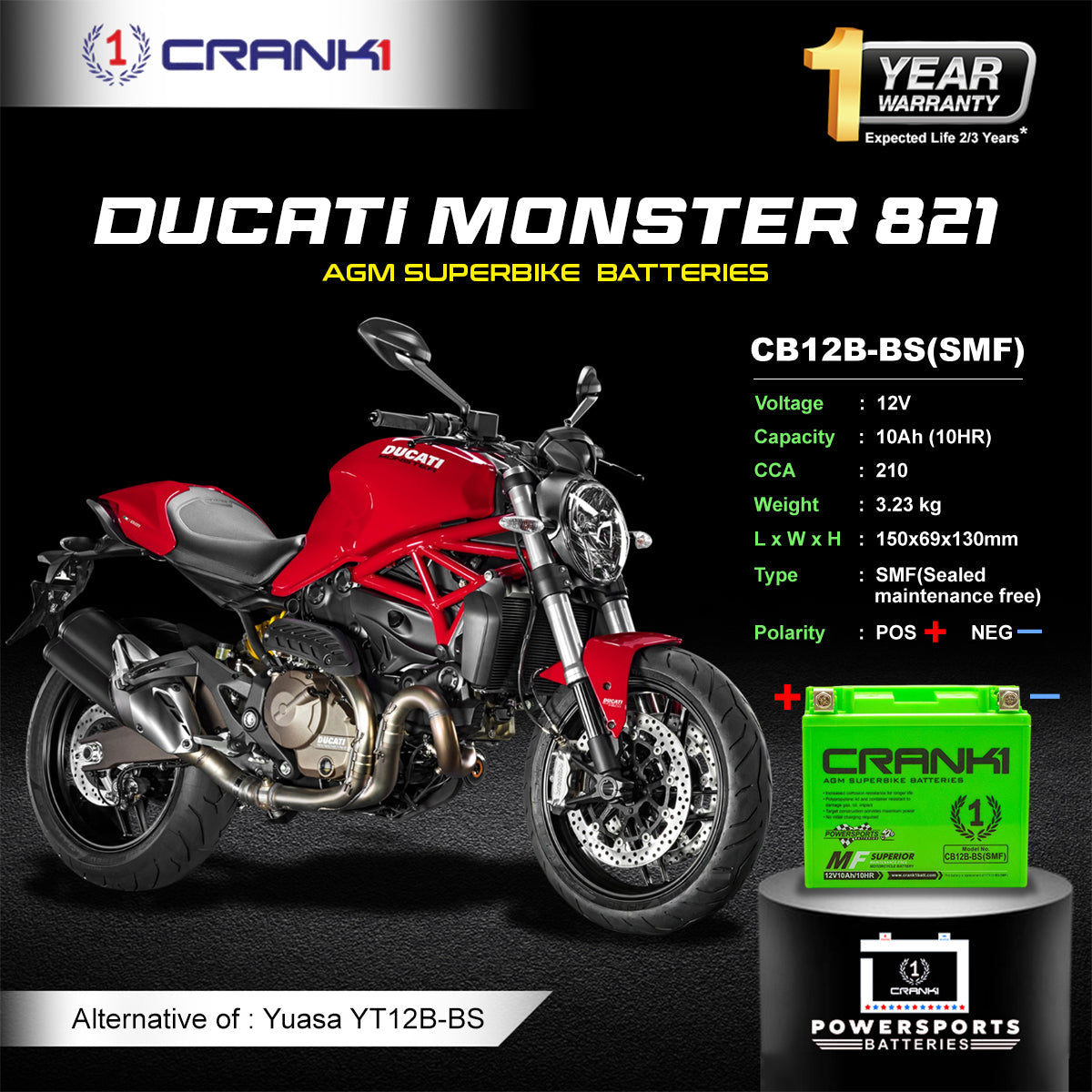 Crank1 Battery For Ducati Monster 821 (2021-2025) - CB12B-BS - Factory Activated