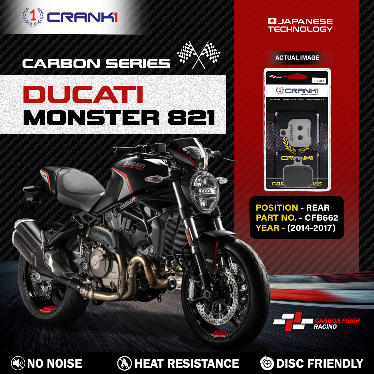 Crank1 Carbon Brake Pads For Ducati Monster 821 (2014-2017) - Rear - CFB662