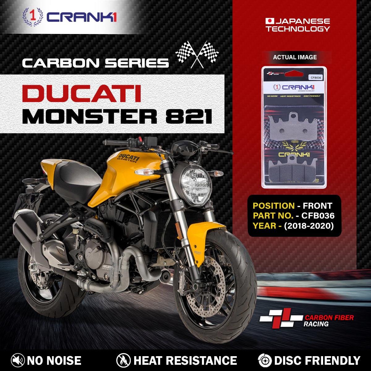 Crank1 Carbon Brake Pads For Ducati Monster 821 (2018-2020) - Front - CFB036 - 2 Sets