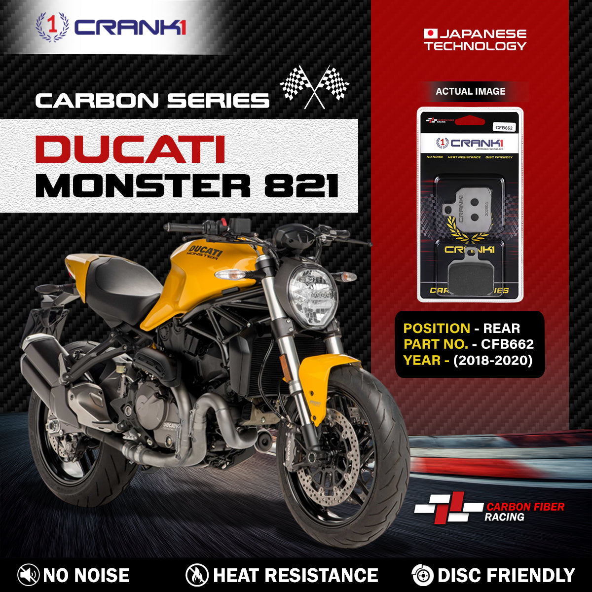 Crank1 Carbon Brake Pads For Ducati Monster 821 (2018-2020) - Rear - CFB662