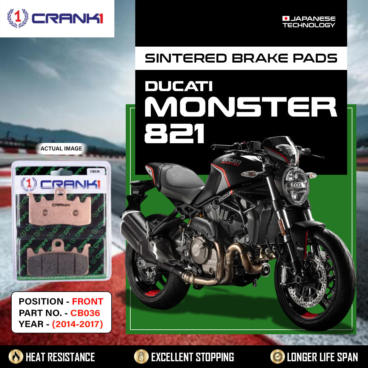 Crank1 Sintered Brake Pads For Ducati Monster 821 (2014-2017) - Front - CB036 - 2 Sets