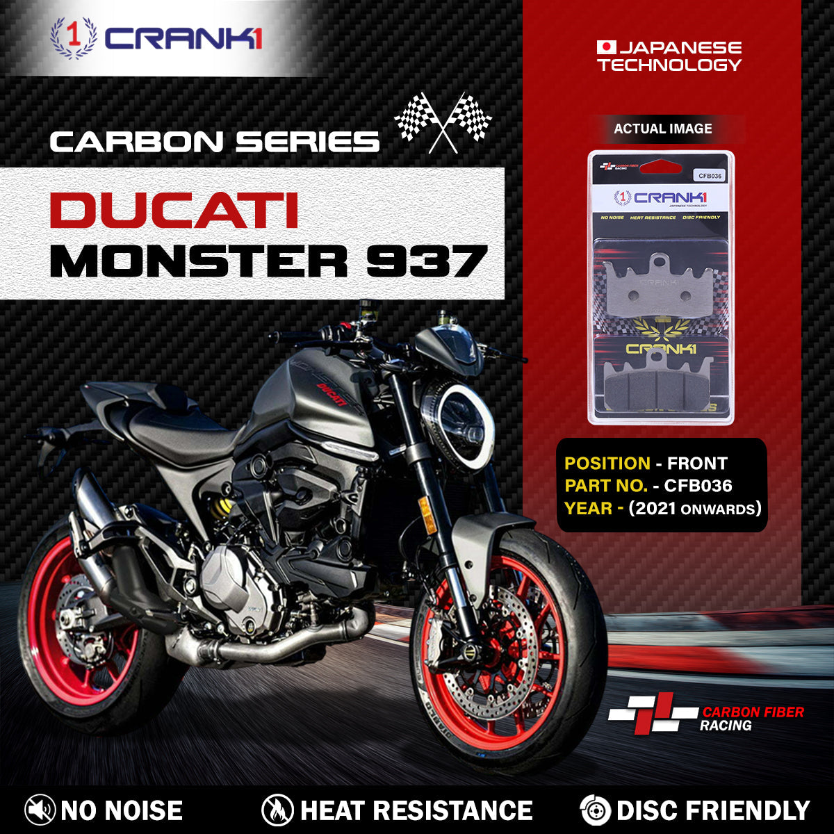 Crank1 Carbon Brake Pads For Ducati Monster 937 (2021 Onwards) - Front - CFB036 - 2 Sets