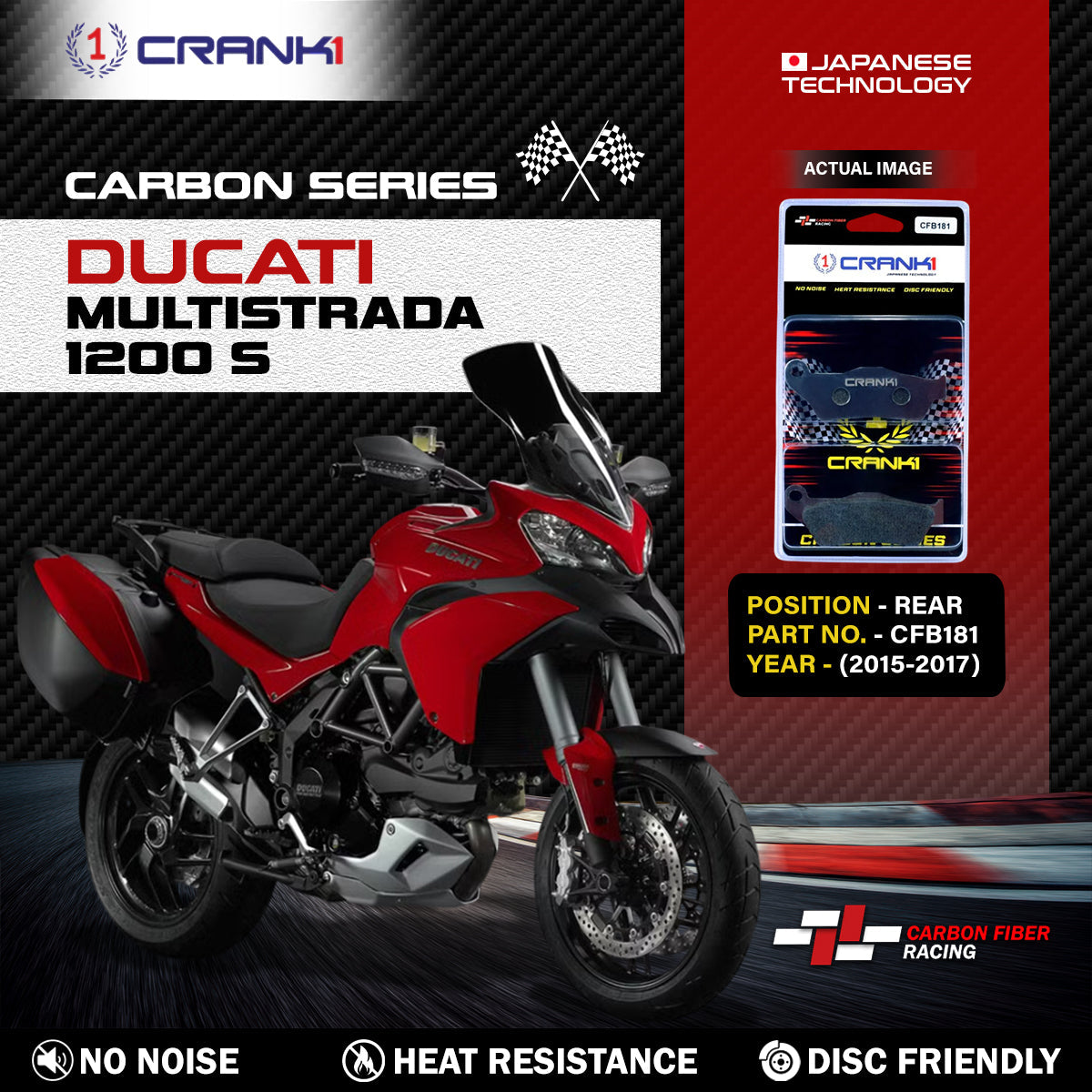 Crank1 Carbon Brake Pads For Ducati Multistrada 1200 S (2015-2017) - Rear - CFB181