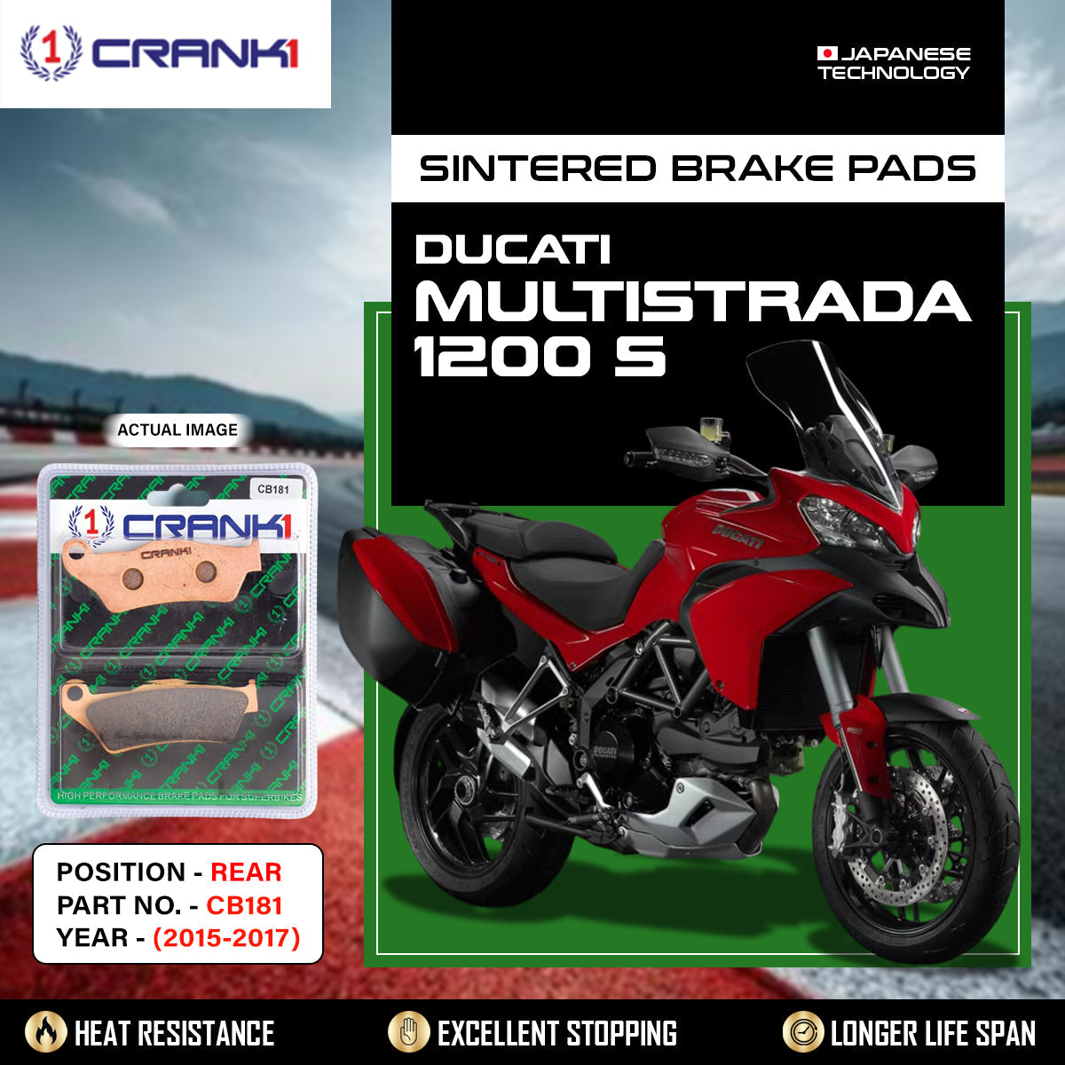 Crank1 Sintered Brake Pads For Ducati Multistrada 1200S (2015-2017) - Rear - CB181