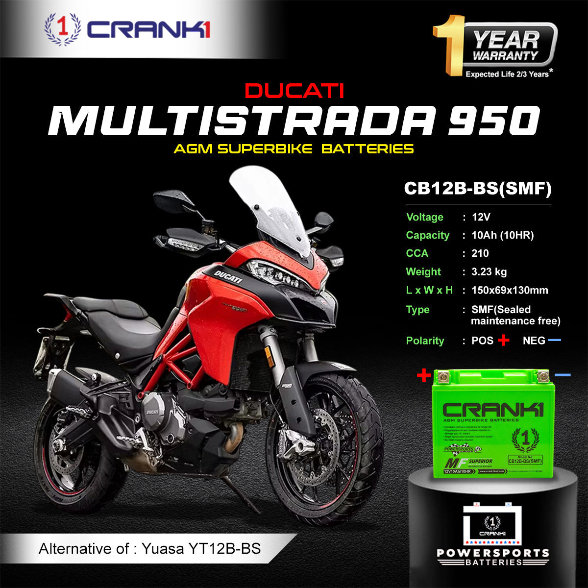 Crank1 Battery For Ducati Multistrada 950 (2017-2025) - CB12B-BS - Factory Activated